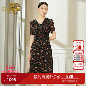 乔万尼新款重磅真丝连衣裙好看流行商场同款V领收腰显瘦裙EI2E800