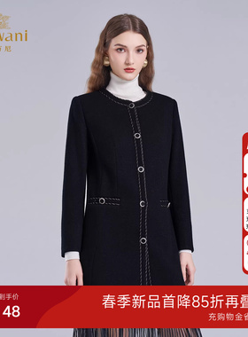 乔万尼轻奢优雅风黑色羊毛大衣中长款圆领小香风毛呢外套ET4A912