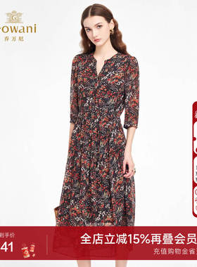 乔万尼2025秋冬印花连衣裙女V领收腰显瘦高级感气质中长裙ED3E207