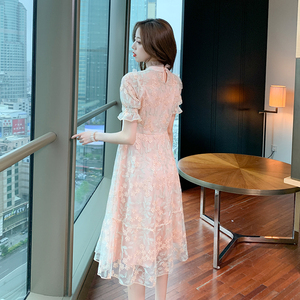 RM16452#重工刺绣网纱女2022年夏装新款长袖高端名媛气质大摆连衣裙