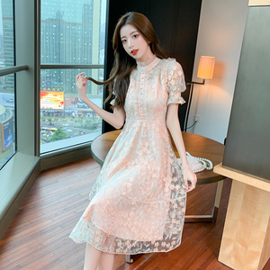 RM16452#重工刺绣网纱女2022年夏装新款长袖高端名媛气质大摆连衣裙