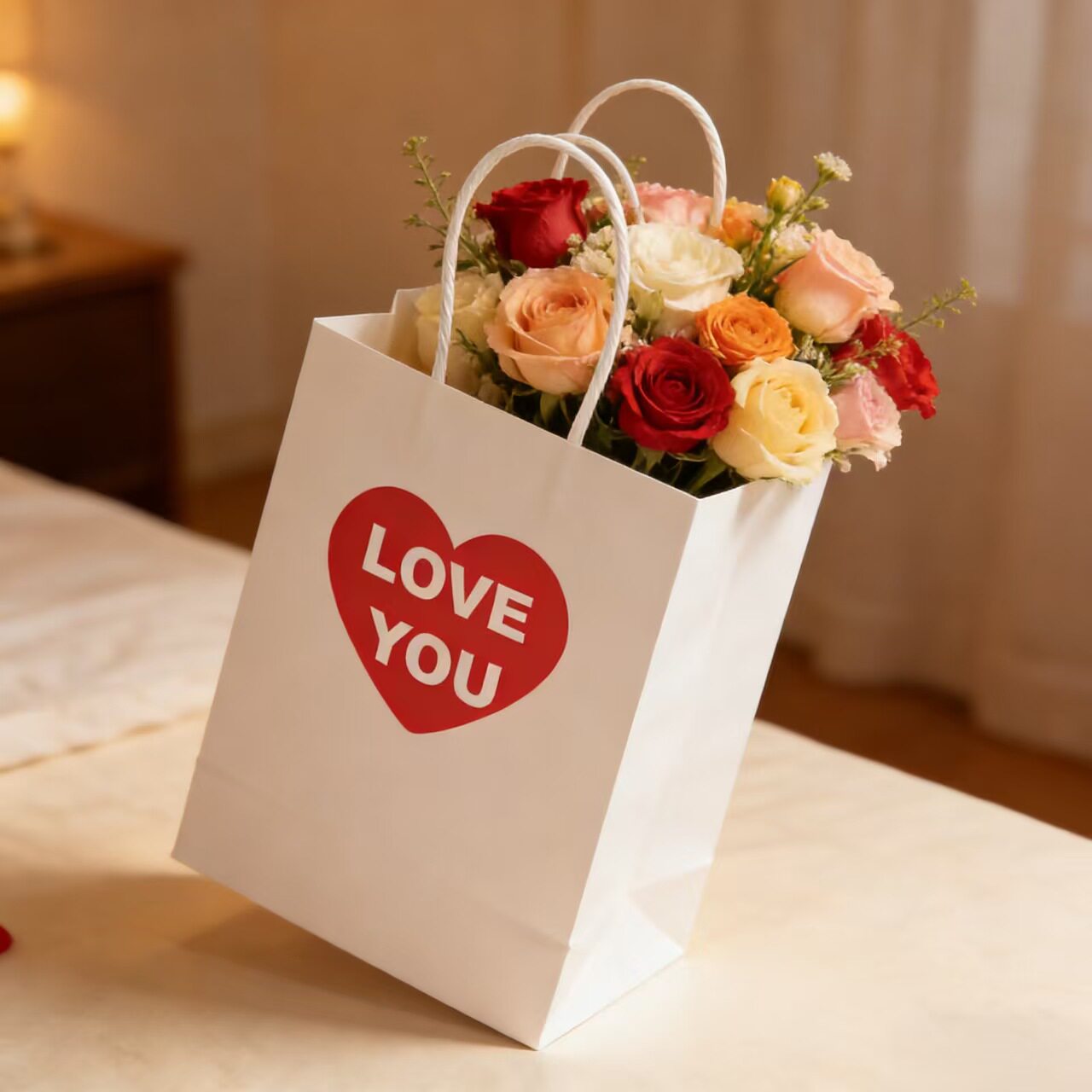 LOVE YOU爱心手提袋礼品袋外卖打包袋白色牛皮纸购物袋