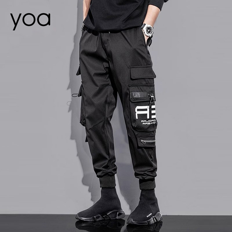 YOA秋季新款时尚工装裤男士潮牌宽松多袋嘻哈束脚裤运动潮流裤男