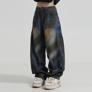 高街痞帅廓形裤 YOA秋季 男女宽松弯刀阔腿裤 潮牌牛仔裤 子男 美式