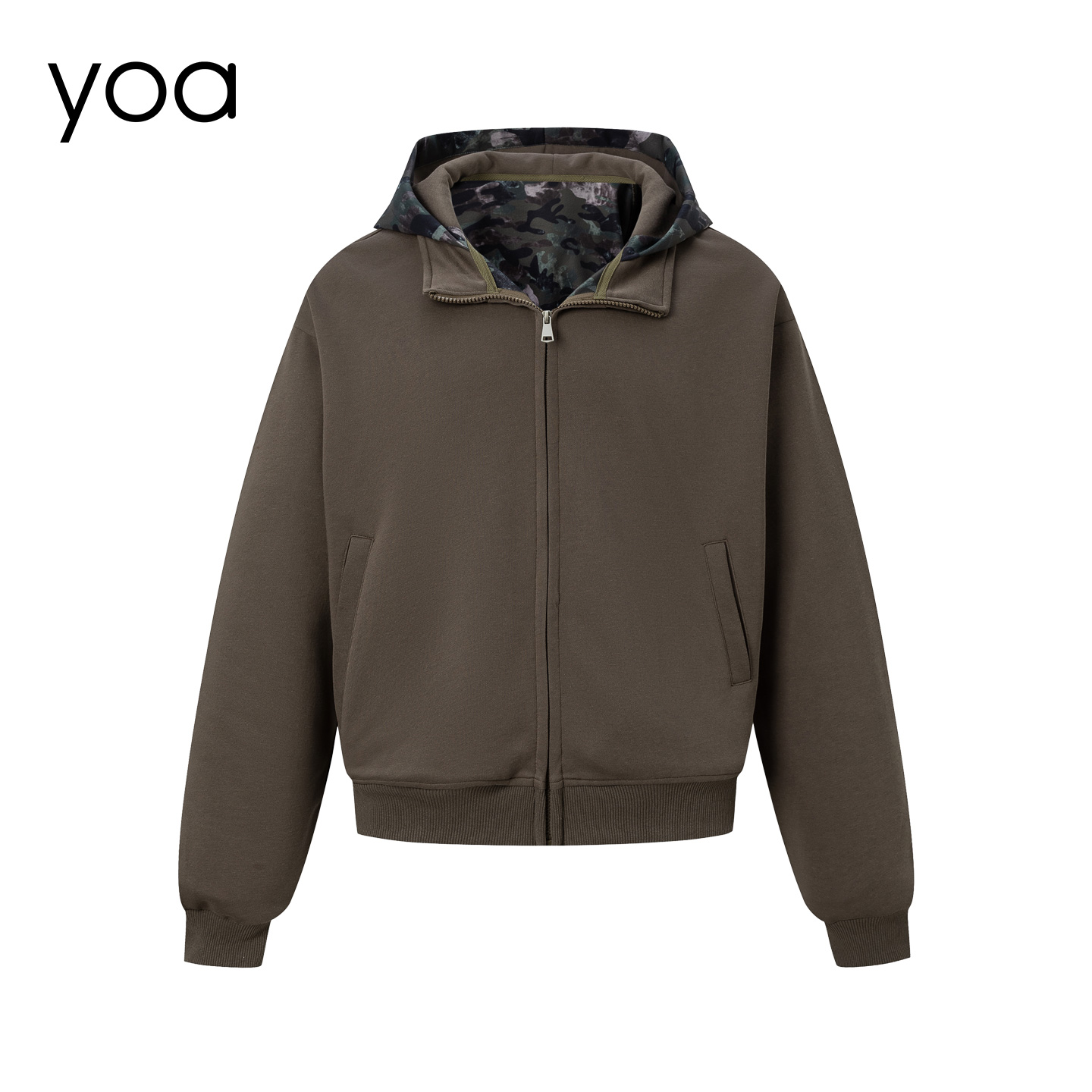 YOA重磅格纹拼接连帽开衫卫衣男