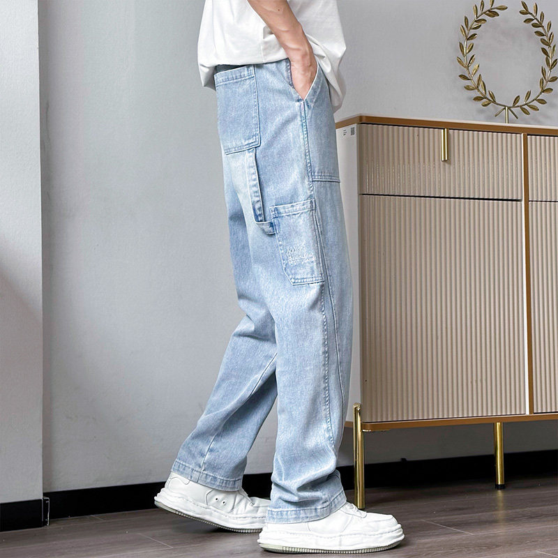 潮流浅蓝色直筒牛仔裤男春秋季宽松阔腿工装阔腿裤大码青少年长裤
