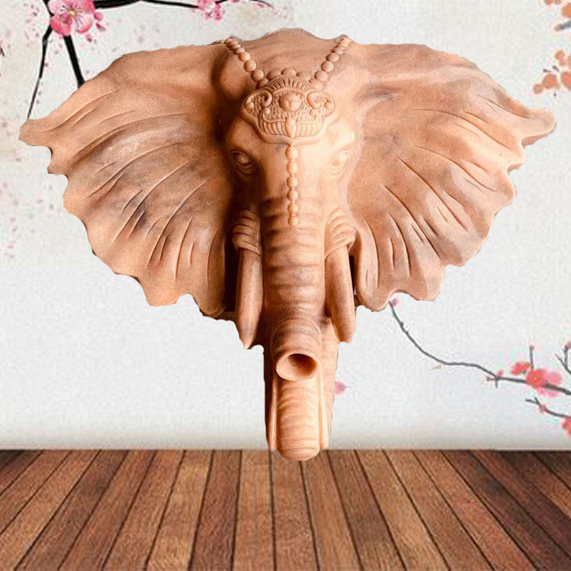 石雕晚霞红材质小象头室内墙壁挂件喷水摆件户外家用装饰品酒店门