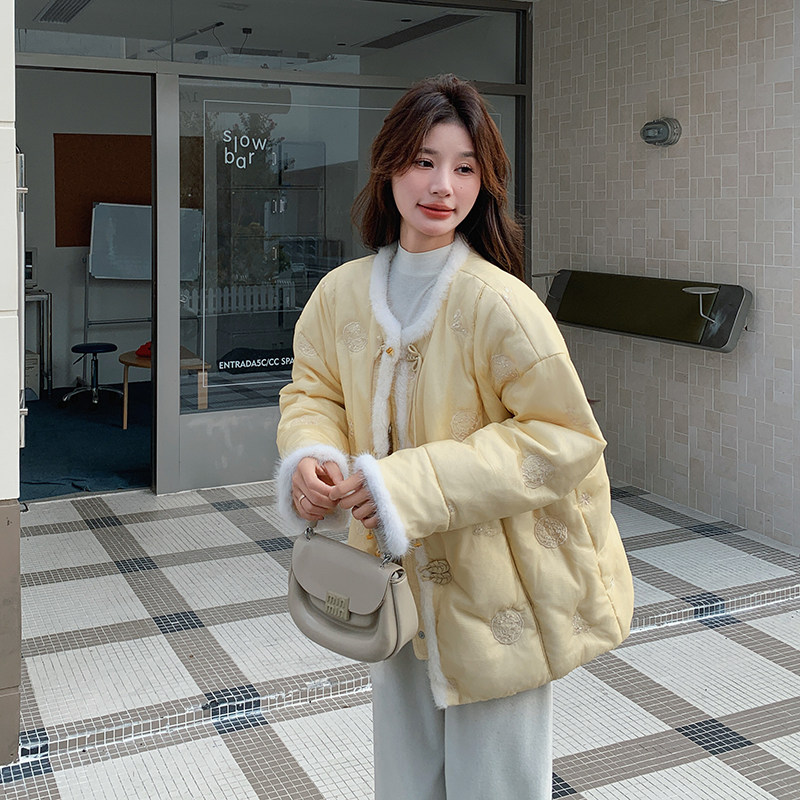 大量有货真水貂毛新中式黄色刺绣羽绒服2C002A606P285K428,女装羽绒服,2C002