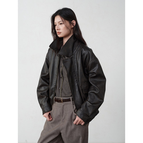 SOMETHING INHERE 复古做旧环保皮 廓形皮衣深棕做旧色夹克外套