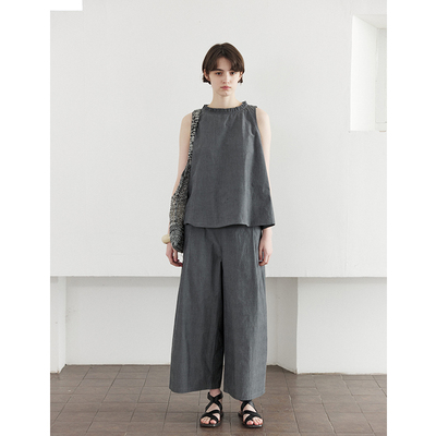SOMETHING进口匹马棉做旧灰领口木耳边设计背心上衣套装