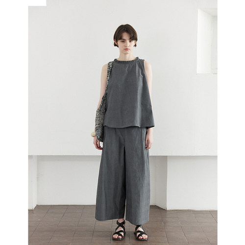 SOMETHING进口匹马棉做旧灰领口木耳边设计背心上衣套装