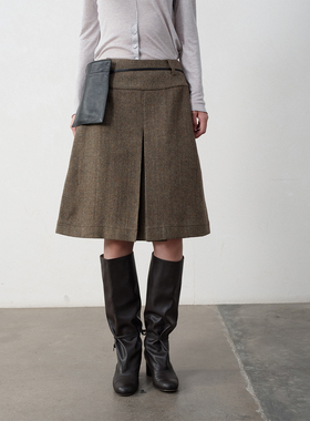 SOMETHING  100%羊毛细格纹A字型半裙