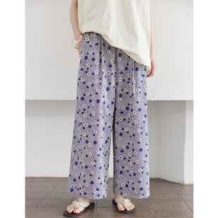 SOMETHING60支精梳棉 蓝色小碎花松紧腰懒人直筒裤
