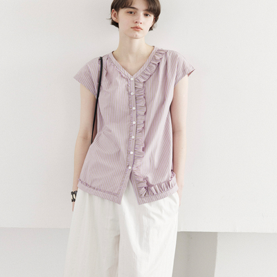 SOMETHING粉条纹对丝木耳边V领飘袖衬衫上衣