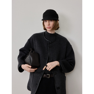 SOMETHING 70%羊毛深青灰色 双面呢面料柔软极简廓形大衣外套