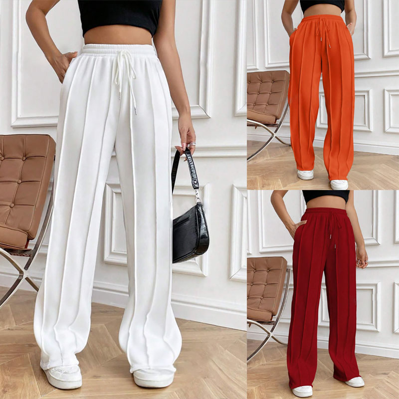 2025跨境秋女装休闲时尚卫裤抽绳松紧腰竖条纹直筒运动长裤pants