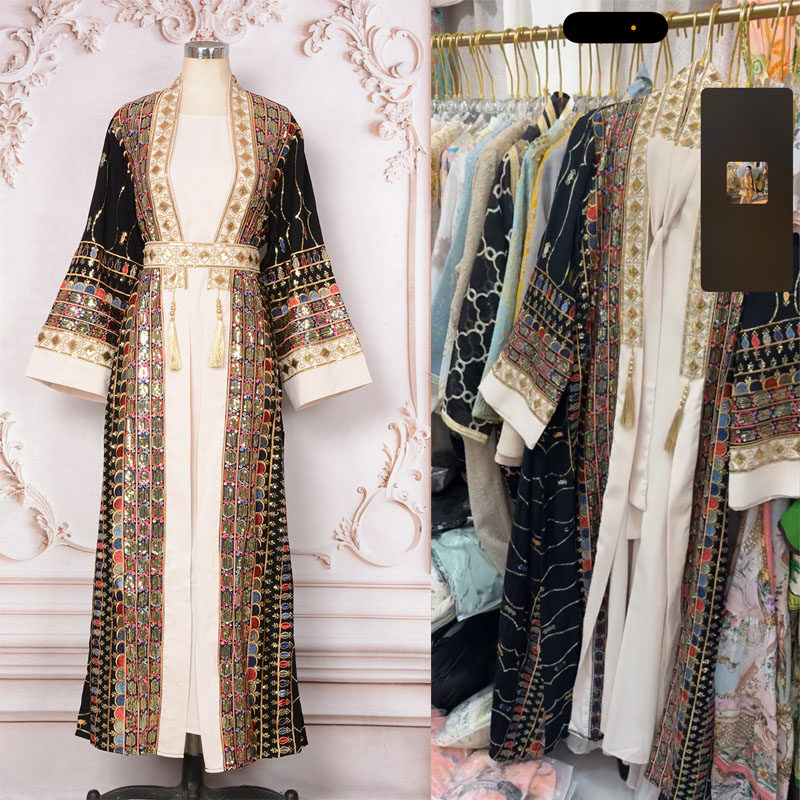 中东迪拜长袍重工珠片绣花流苏连衣裙礼服开衫两件套Long dress