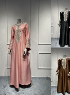 欧美商务休闲缎面长裙重工烫钻迪拜晚宴礼服中东长袍女装dress