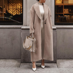 2024欧美秋冬季跨境外贸外套长袖翻领仿毛呢上衣女式大衣overcoat