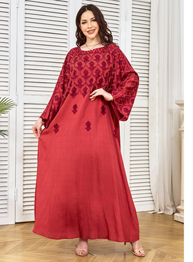 2025中东红色大码珠片绣花迪拜长袍阿拉伯礼服连衣裙Long dress