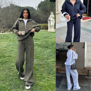 跨境欧美休闲女装时尚半开襟套头卫衣长裤两件套宽松秋冬套装suit