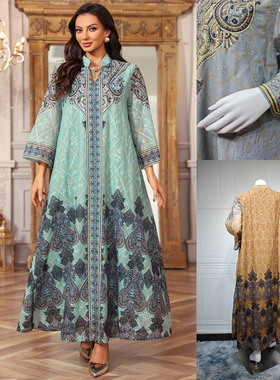 2026跨境亚马逊中东长袍女装长裙雪纺烫钻印花迪拜连衣裙Dress