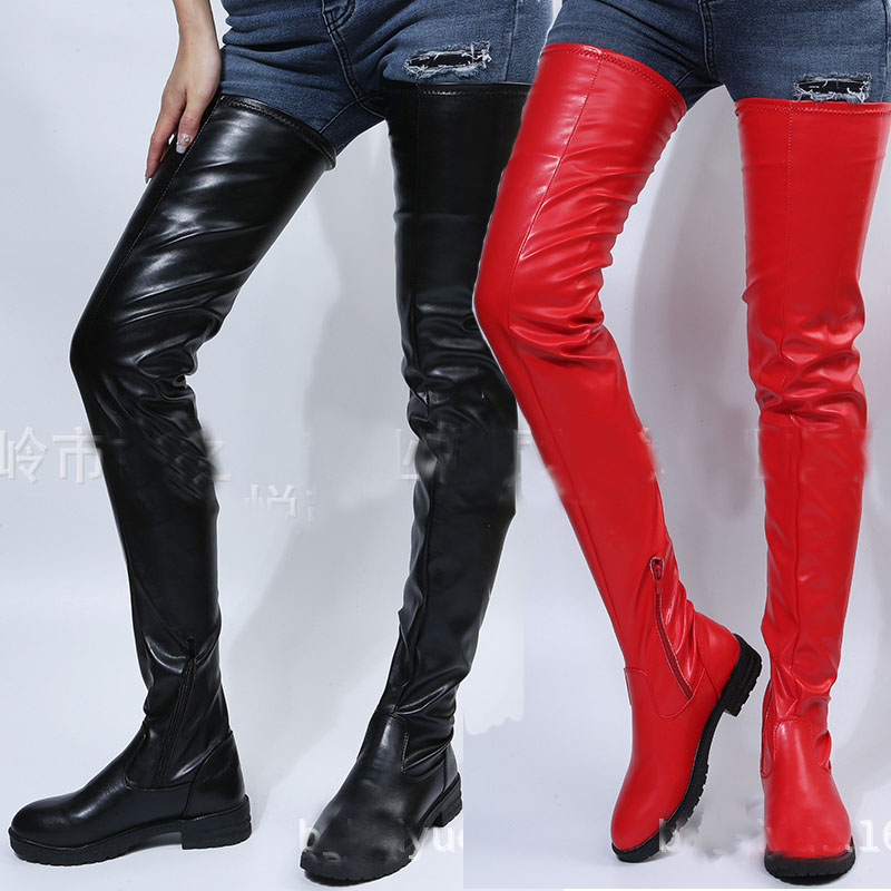 2022新欧美女过膝长筒弹力低粗跟靴子侧拉链pu圆头knee-high boot