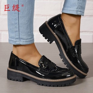 春秋新款外贸大码乐福鞋WISH亚马逊欧美女时装厚底亮面单鞋Shoes