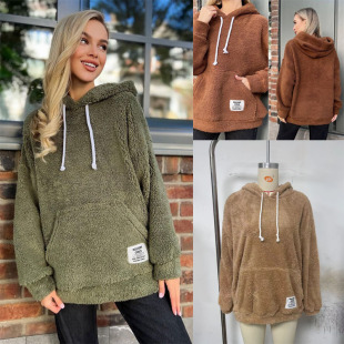 2025跨境女连帽宽松法兰绒秋冬慵懒风袋鼠前贴插手袋卫衣Hoodie