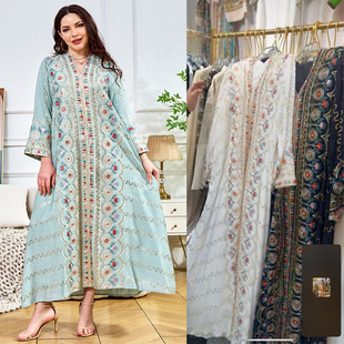 中东长袍女长裙2025珠片新款 dress V领宽松晚礼服迪拜连衣裙Long