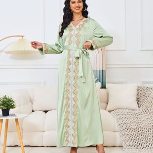 V领大摆花边金线连衣裙insDresses 烫钻长袖 中东长袍气质新款 女装