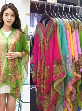 2022骑车沙滩多用丝巾雪纺印花腰果花订珍珠防晒披肩Sun Shawl