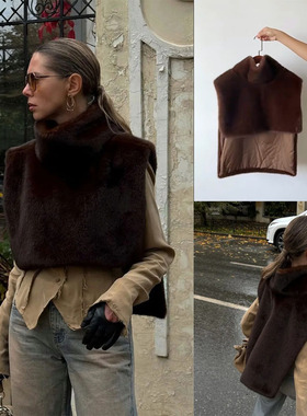 跨境秋冬仿皮草毛毛半高领女纯色前短后长坎肩无袖上衣马甲Vest