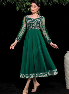 春夏长袍礼服阿拉伯时尚绣花网纱透视泡泡袖绿色连衣长裙Dresses