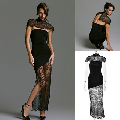 跨境黑色蕾丝披肩抹胸礼服连衣裙