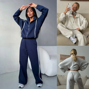 欧美休闲藏青色蕾丝拼接女宽松短款拉链外套束脚裤运动2件套suit