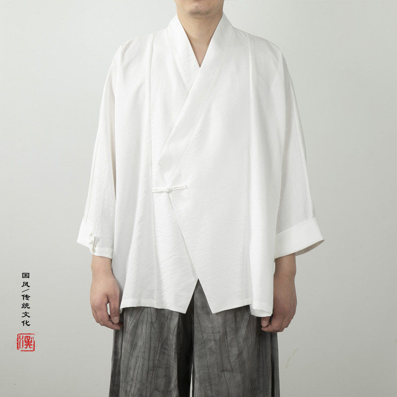 春夏新中式交领汉服衬衫男九分袖插肩袖薄款宽松古风禅修茶艺衬衣