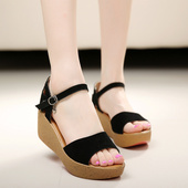 全真牛皮韩版 女夏百搭厚底简约 2020新款 坡跟松糕鞋 女厚底罗马凉鞋