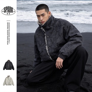 Studio One冬季新款复古PU皮衣棉服男毛领保暖宽松立领外套 冬天