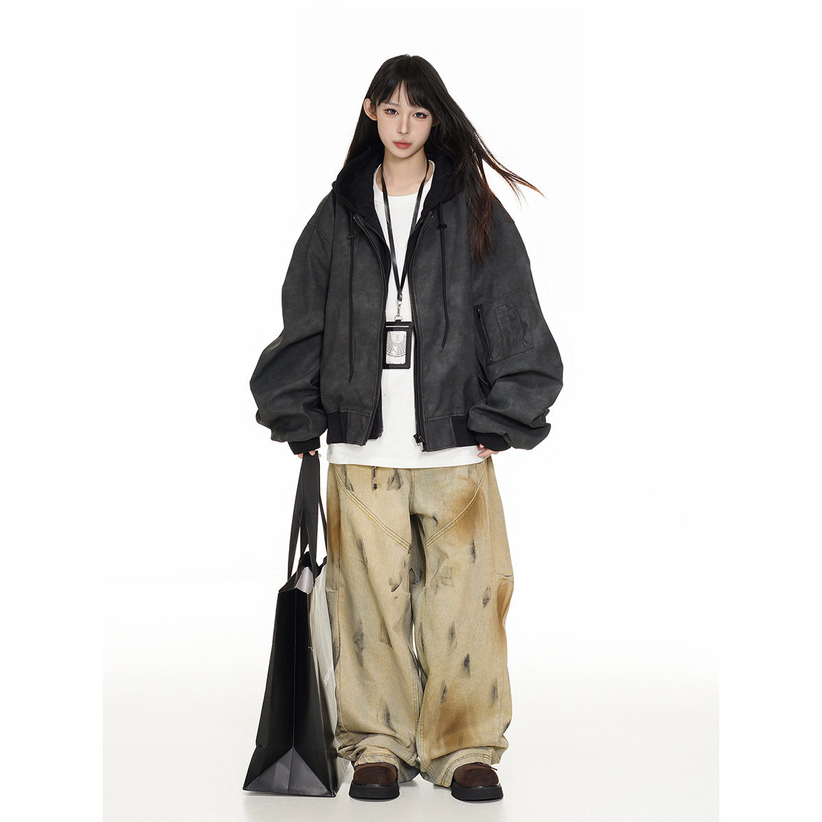 FeiddBurst美式街头潮牌复古PU皮夹克男女宽松机车皮衣连帽外套