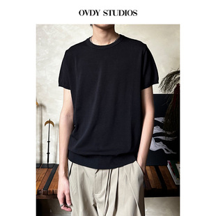 OVDY老钱风黑色算修针织衫 T恤 垂坠凉感丝缎质感圆领纯色打底衫