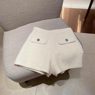 毛呢小香风短裤女2025秋冬款高腰阔腿裤白色亮片粗花呢休闲短裤