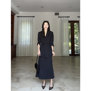 大码女装夏季薄款长袖西服外套吊带连衣裙两件套装胖mm黑色小西装