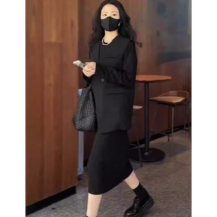 大码欧货时尚西装马甲连衣裙套装女秋季新款高级感长袖直筒中长裙