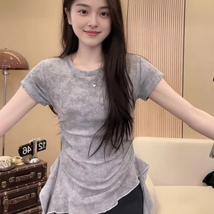 遮肉显瘦不规则上衣大码 美式 微胖正肩小衫 辣妹短袖 t恤女夏季
