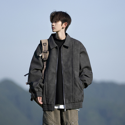 啄木鸟大码美式复古翻领皮夹克衫