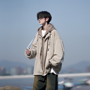 宽松加棉服连帽衫 假两件外套男胖子大码 新款 啄木鸟夹克2025秋冬季