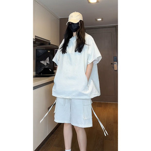 宽松大码 套装 薄款 过膝六分裤 泡泡纱短袖 品牌旗下女夏季 T恤五分裤