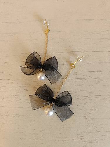 花水木木进口欧根纱蝴蝶结流苏长款珍珠耳环耳钉饰品温柔精致耳夹