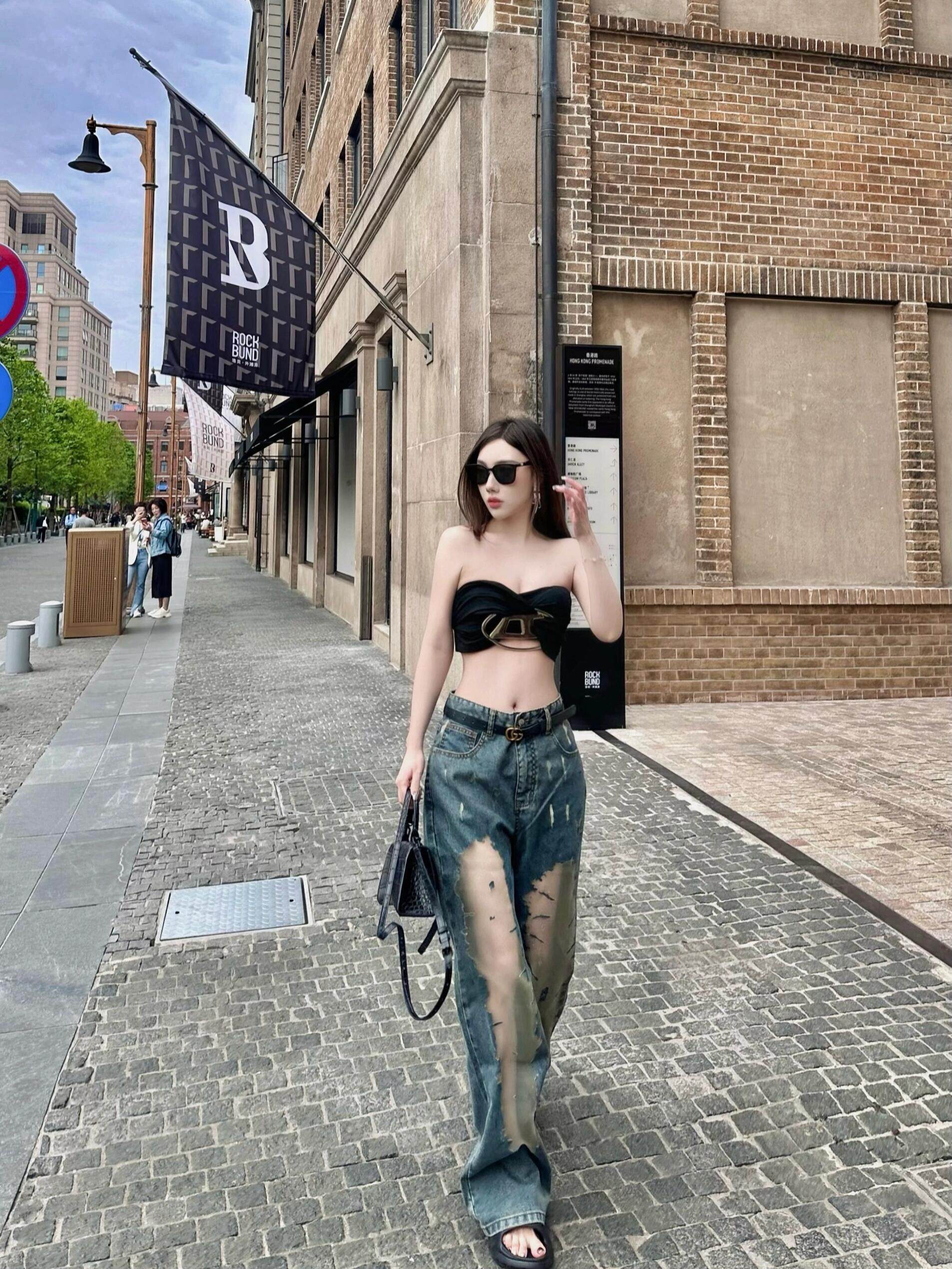 AMERICAN BABES RETRO HEAVY INDUSTRY NICHE CUT-OUT STITCHED JEANS WOMENS SUMMER NEW HIGH-WAISTED SLIM WIDE-LEG TROUSERS